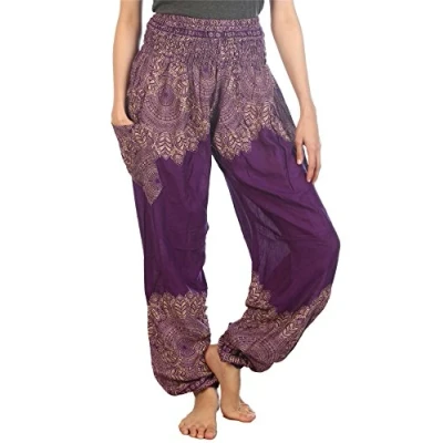 Abbildung von Lofbaz Damen Haremshose mit gesmoktem Boho Hosen Floral Violett Size M