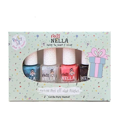 Abbildung von Miss Nella Partysammlung Glitzer Nagellack 4er Set: schwarz, top coat, blau &amp; Korallen, abziehbarer speziell für Kinder, Peel Off Formel, ungiftig, wasserbasiert und geruchsneutral