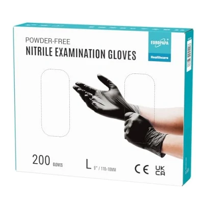 Abbildung von EUROPAPA® 200x Einweghandschuhe Nitrilhandschuhe puderfrei Untersuchungshandschuhe EN455 EN374 latexfrei Einmalhandschuhe Handschuhe in Gr. S, M, L &amp; XL verfügbar (L, Schwarz)