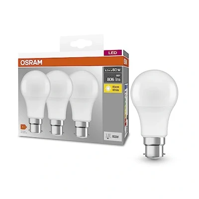 Abbildung von OSRAM BASE CLASSIC A 60 FR LED Lampe mit Sockel B22d, Kolbenform, 3er Pack, 8,5W, 806lm, 2700K, warmweißes Licht, geringere Wärmeentwicklung, sehr geringer Energieverbrauch, lange Lebensdauer