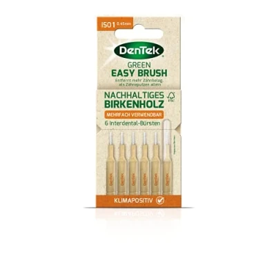 Abbildung von DenTek Green Brush Interdental Bürsten ISO/Größe 1 extra fein für sehr enge Zahnzwischenräume Griff aus FSC zertifiziertem Birkenholz mit hygiensicher Schutzkappe Zuckerrohr, 20 g