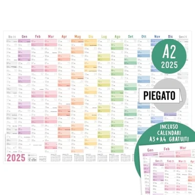Abbildung von Häfft® Wandkalender 2025 A2 auf Italienisch &quot;Rainbow&quot; (59,4 x 42 cm) gefalzt, Wandplaner mit italienischen Feiertagen + extra A3 &amp; A4 Kalender nachhaltig klimafreundlich