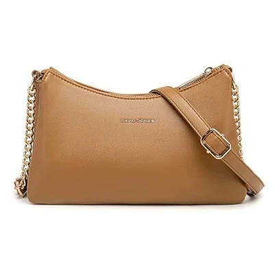 Abbildung von David Jones Damen Kleine Umhängetasche Frau Kette Tasche Schultertasche PU Leder Multi Taschen Handtasche Flache Viele Fächern Crossbody Bag Clutch Handy Party Abendtasche Mode Braun Cognac