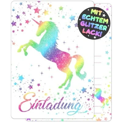 Abbildung von VULAVA 12x GLITZER Einhorn EINLADUNGSKARTEN KINDERGEBURTSTAG Mädchen Junge die Regenbogen PARTY Karten sind Einladung für Jungen Kinder GEBURTSTAG Pferde UNICORN