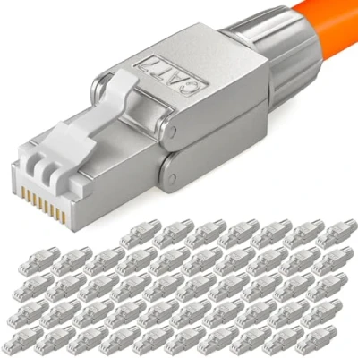 Abbildung von HB DIGITAL 48x CAT 7 RJ45 Stecker Netzwerkstecker für starre LAN Kabel Verlegekabel Ethernet werkzeuglos LSA 10 Gbit/s AWG 22 24 vollgeschirmt STP 50μ vergoldete Kontakte