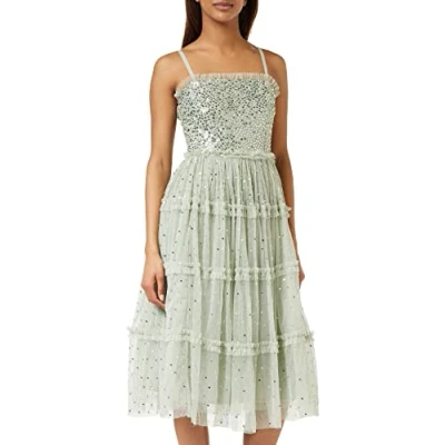 Abbildung von Maya Deluxe Damen Womens Midi Dress Ladies Sequin Embellished Sleeveless Ruffle for Wedding Guest Bridesmaid Prom Evening Occasion Kleid, Green Lily,