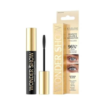 Abbildung von Eveline Cosmetics Wonder Show Volumizing Mascara Sofortiges Volumen &amp; Trennung, Vegane Formel mit Sonnenblumenöl Glycerin, Parabenfrei, 7 ml