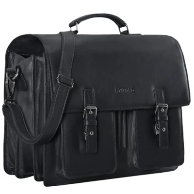 Abbildung von STILORD &#039;Anton&#039; Aktentasche Leder XL Schwarz Vintage Lehrertasche Laptopfach 15,6 Zoll große Ledertasche zum Umhängen Trolley aufsteckbar
