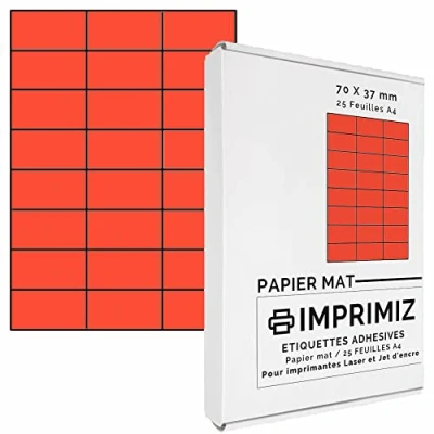 Abbildung von 600 Selbstklebende Etiketten rot Neon von 70 x 37 mm 24 Etiketten/Blatt 25 Blatt A4 / Papier matt Farbe Für Inkjet/Laser/Kopier Drucker farbig