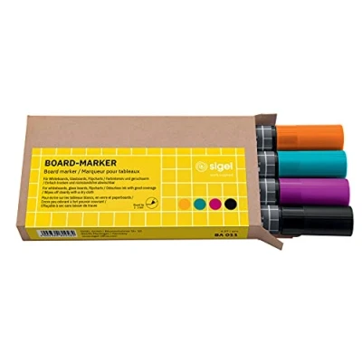 Abbildung von SIGEL BA011 Board Marker trocken und feucht abwischbar schwarz, türkis, magenta, orange Rundspitze 2 3 mm 4 Stück für weiße Glas Magnettafeln, Whiteboards Flipcharts