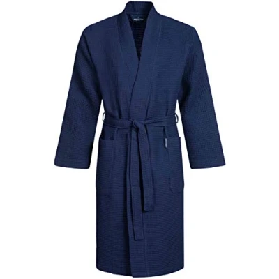 Abbildung von Morgenstern Waffel Pique Bademantel Herren Morgenmantel Blau leicht Männer Saunabademantel Kimono Herrenbademantel Dunkelblau Baumwolle dünn kurz Größe L