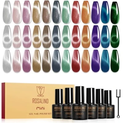 Abbildung von ROSALIND UV Nagellack Cat Eye, 12 Farben Silber Lila Braun Grün Rot Blau Magnetische Kristalle Gel Katzenauge mit Magnet, Soak Off Mini Nail Polish Cateye für Art Maniküre