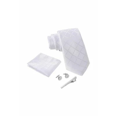 Abbildung von Massi Morino Krawatte Weiss Quadrat mit Einstecktuch Set Herren inkl. Manschettenknöpfe, Krawattennadel und Geschenkbox Männer Krawattenset