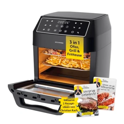 Abbildung von Rachs KOCHWERK Digitale Heißluftfritteuse 12 Liter mit XXL Zubehörpaket Ofen, Grill &amp; Fritteuse Sichtfenster Touchscreen Airfryer ohne Öl 10 Programme Timerfunktion