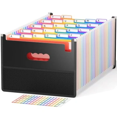 Abbildung von 26 Fächer Dokumentenmappe A4 mit Mesh Taschen Design, Fächermappe Sortiermappe Bunte Datei Ordner Regenbogen Aktenordner Akkordeon Design Größe, Farbige Registerkarten A Z Alphabet