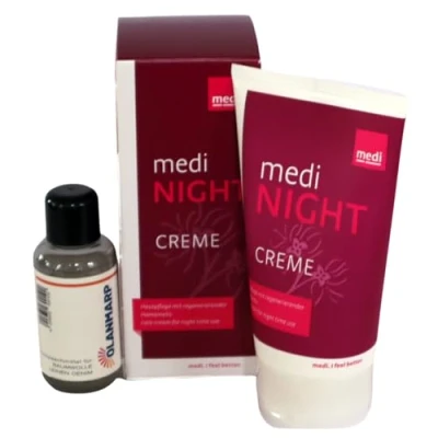 Abbildung von Medi Night 150 ml Pflegecreme für erholsame Beine nach einem Tag in Kompressionsstrümpfen+ Olanmarp Feinwaschmittel Konzentrat Baumwolle 50 (1 Stück a ml)