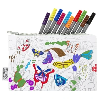 Abbildung von eatsleepdoodle Schmetterling Federmäppchen zum Ausmalen, waschbar und wiederverwendbar, inkl. 10 auswaschbare Stifte, 22x14cm