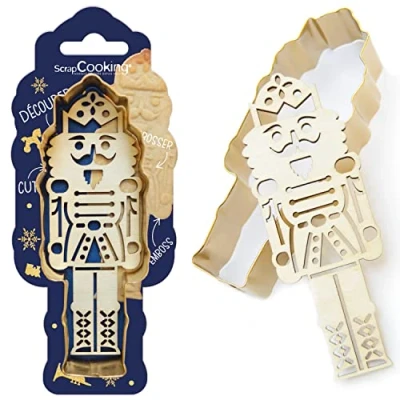 Abbildung von ScrapCooking Ausstecher Set + Embosser Holz Nussknacker Ausstechform Weihnachten aus Edelstahl für Kekse in Relief Backform Zubehör sandgestrahlt Farbe Gold 2097