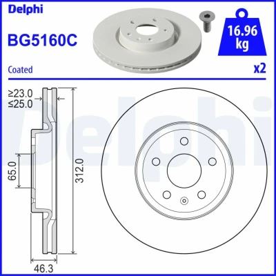 Abbildung von Bremsscheiben Komplett DELPHI BG5160C vorne, belüftet, 2 Stück