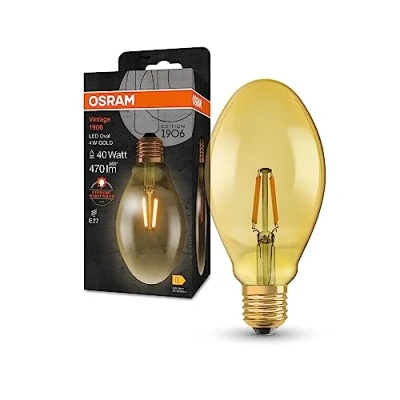 Abbildung von OSRAM Vintage 1906 Classic Oval FIL LED Lampe, E27, ovale Form, gold, 4W, 400lm, 2400K, warmweiße Komfortlichtfarbe, sehr geringer Energieverbrauch, lange Lebensdauer