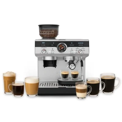 Abbildung von Krups Precision manuelle Siebträgermaschine mit Mahlwerk, Barista Kaffeemaschine intuitiver Bedienfläche, Pre Infusion Einstellungen, Espressomaschine Dampfdüse, schnelles Aufheizen, XP801T10