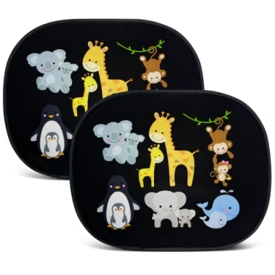 Abbildung von HECKBO 2X Auto Sonnenblende mit 8 Saugnäpfen Baby Tiere Mama 48x31cm Fenster Seitenfenster Sonnenschutz Autosonnenblende Seitenscheibe Tasche für Kinder Mädchen Jungen