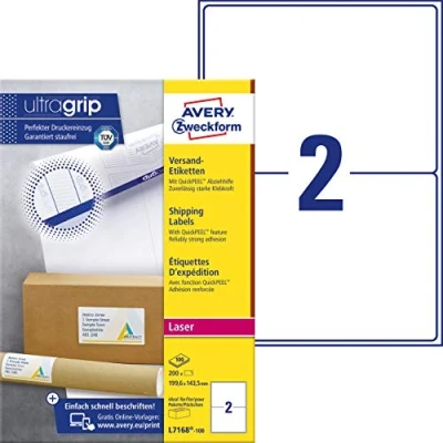 Abbildung von AVERY Zweckform L7168 100 Versandetiketten/Versandaufkleber (200 Etiketten mit ultragrip, 199,6x143,5mm auf A4, bedruckbar, selbstklebend, für mittlere, große Pakete und Versandrollen) Blatt, weiß