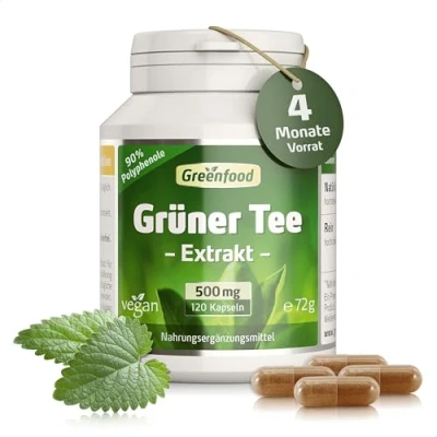 Abbildung von Grüner Tee Extrakt (90% Polyphenole), 500 mg, hochdosiert, 120 Kapseln Ohne künstliche Zusätze. Gentechnik. Vegan.