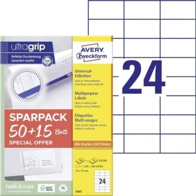 Abbildung von AVERY Zweckform 6605 Adressaufkleber (1.200 plus 360 Klebeetiketten extra, 70x37mm auf A4, Papier matt, bedruckbare Absenderetiketten, selbstklebende Adressetiketten mit ultragrip) 65 Blatt, weiß