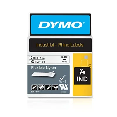 Abbildung von DYMO Rhino Industrie Nylonetiketten flexibel 12 mm x 3,5 m schwarze Schrift auf weißem Untergrund selbstklebendes Schriftband für und LabelManager Beschriftungsgerät