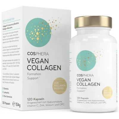Abbildung von COSPHERA® Kollagen Bildung Hyaluron 120 Kapseln vegan mit Vitamin C, Biotin, OPC, Zink &amp; Kupfer hochdosiert Vollagen® zur von 100% pflanzlich