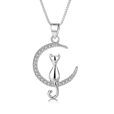 Abbildung von Belons Damen Kette 925 Sterling Silber Zirkonia Katze Kätzchen Mond Anhänger Halskette mit für Mädchen