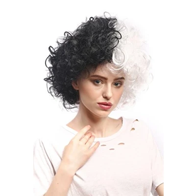 Abbildung von WIG ME UP 91344 P103 P68 Perücke Damen Karneval Halloween stark gelockt Afro Mop Volumen Halb Schwarz Weiß Frankenstein Zweifarbig