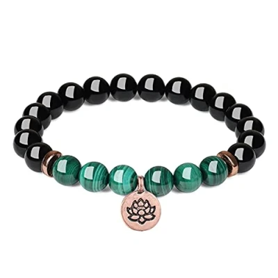 Abbildung von COAI Geschenkideen Edelstein Armband aus Schwarzem Turmalin Schörl und Malachit mit Lotosblume Charm