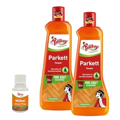 Abbildung von POLIBOY Parkett Reiniger Pflegendes Reinigungsmittel für Holzböden Reinigungskonzentrat mit natürlichem Avocadoöl 2x 500 ml inkl. Produktprobe Made in Germany
