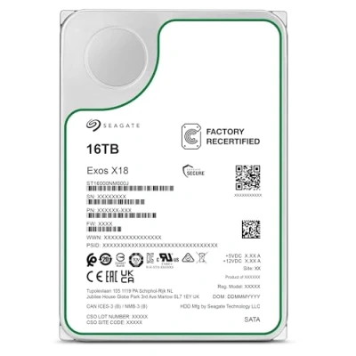 Abbildung von Seagate Exos X18 Enterprise 16TB HDD, CMR 3,5 Zoll, Hyperscale SATA 6GB/s, 7.200 U/min, 512e, 4Kn FastFormat, geringe Latenz mit verbessertem Caching, Modellnr.: ST16000NM000J (Generalüberholt)