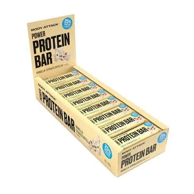 Abbildung von Body Attack Proteinriegel Vanilla Stracciatella, 24 x 35 g Fitness Protein Riegel fettarm Eiweißriegel mit wichtigen Vitaminen, L Carnitin &amp; 25% hochwertigem Milcheiweiß Made in Germany