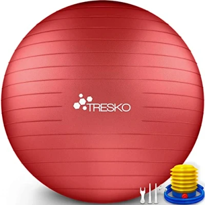 Abbildung von TRESKO Gymnastikball mit GRATIS Übungsposter inkl. Luftpumpe Yogaball BPA Frei Sitzball Büro Anti Burst 300 kg,Rot,85cm (für Körpergröße über 185cm)