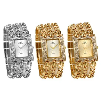 Abbildung von JewelryWe 3pcs Damen Uhren Elegant Analog Quarz Armbanduhr Strass Rechteckig Beiläufige Uhr mit dreifach Panzerkette Armband, Gold Silber