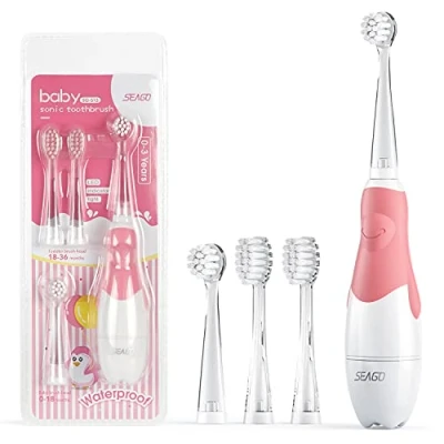 Abbildung von Seago SG 513 Elektrische Schall Zahnbürste für Kinder von 0 bis 3 Jahren LED Licht Smart Timer Babyzahnbürste Wasserdicht IPX7 Kinderzahnbürste (Schallzahnbürste + 4x Aufsteckbürsten, Rosa)