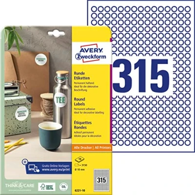 Abbildung von AVERY Zweckform 6221 10 runde Etiketten (3.150 Klebepunkte, Ø10mm auf A4, Aufkleber zum Bedrucken, selbstklebende Produktetiketten, permanent haftende Marmeladenetiketten) Blatt, weiß