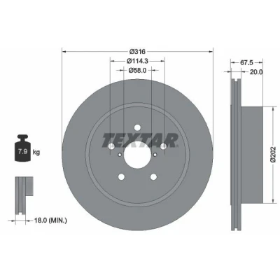 Abbildung von TEXTAR PRO 92227803 Bremsscheibe 316 20 05/07 114,3 innenbelüftet beschichtet ohne Radbefestigungsbolzen, Radnabe SUBARU: Impreza II Saloon