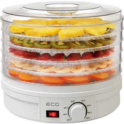 Abbildung von ECG SO 375 250 W zum Trocknen von Obst, Gemüse, Kräutern, Fleisch und sonstigen Lebensmitteln, samt fünf Fächer 32 cm, laufende Temperaturkontrolle 35 70 Grad Celcius, Überhitzungsschutz,Weiß