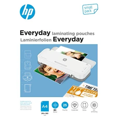 Abbildung von HP Everyday Laminierfolien, DIN A4, 80 Micron, glänzend, transparent, zum Heißlaminieren, 25 Stück, 9154