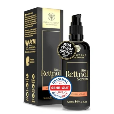 Abbildung von BIO Retinol Serum hochdosiert 100ml 5 Fach Komplex +Hyaluron +Vitamin C ✓ Vegan &amp; hochwirksam verkapseltes für strahlende reine Haut ohne Pickel Anti Aging Made in Germany