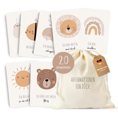 Abbildung von MeinBaby123® 20 Affirmationen für Kinder Affirmationskarten selbstbewusste Mutmach Karten mit partieller Veredelung inkl. Baumwollsäckchen Geschenk zur Geburt, Taufe