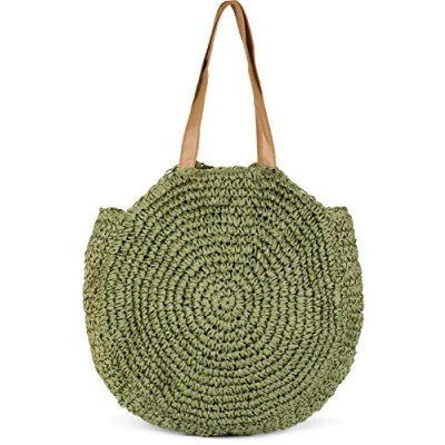 Abbildung von styleBREAKER runde Korbflecht Schultertasche, Strandtasche mit langen Henkeln, Flechttasche, Tasche geflochten, Shopper, Damen 02012232, Farbe:Oliv