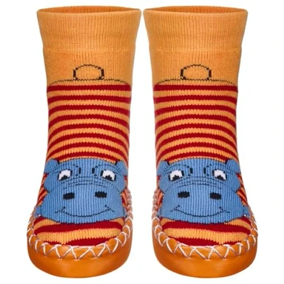 Abbildung von Playshoes Jungen Unisex Kinder Hüttenschuh Socken, rot Nilpferd, 19/22 EU