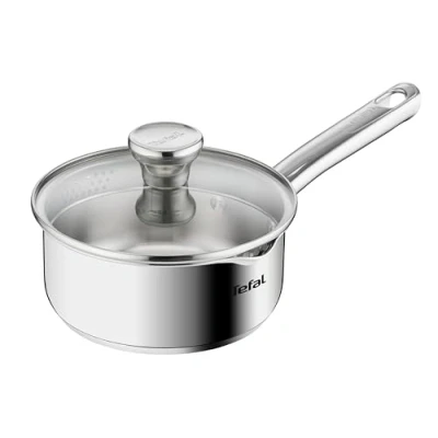 Abbildung von TEFAL DUETTO Stielkasserolle 16cm A70522 Edelstahl Kochgeschirr mit Siebdeckel und Ausgießhilfe Messskalen Induktionsgeeignet umweltfreundlich