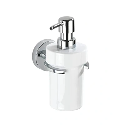 Abbildung von WENKO Vacuum Loc® Seifenspender Capri, nachfüllbar, Keramik zur Wandmontage, Befestigung ohne Bohren, Halter aus rostfreiem Zinkdruckguss, Füllmenge 330 ml, 8 x 17 13 cm